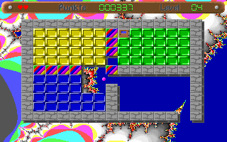 Bubble Blobb (DOS) screenshot: Level 4, hitting a rainbow block and waiting for the ball to turn the right color can be quite tedious