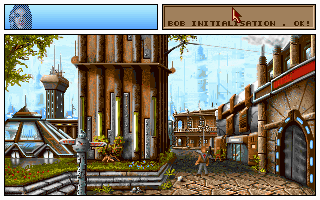 The Koshan Conspiracy (DOS) screenshot: Street with a bar (CD version)