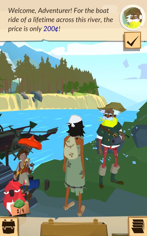The Trail (Android) screenshot: You need 200 Chits to pay the ferryman.