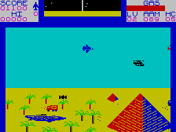 Falcon Patrol II (ZX Spectrum) screenshot: Pyramids below as I chase down a red and black chopper