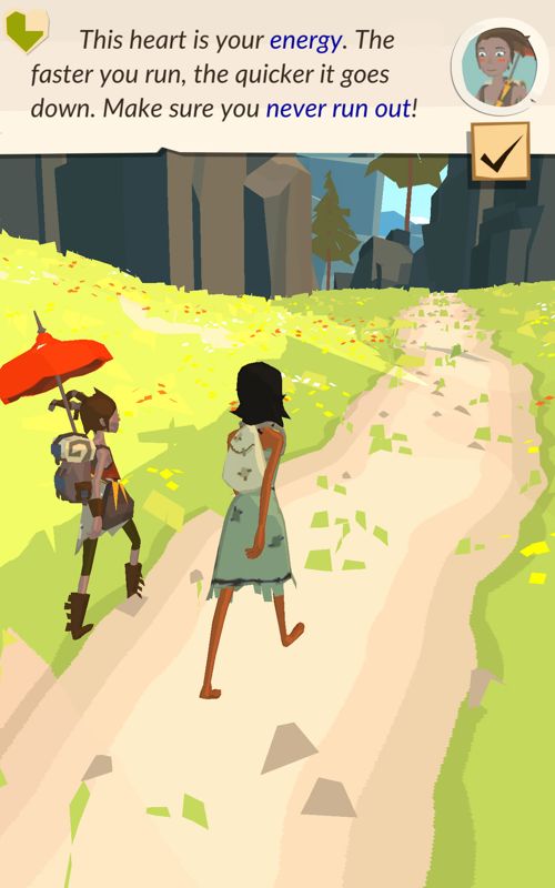 The Trail (Android) screenshot: This girl with the red umbrella helps you with the early parts.