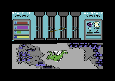 Rainbow Dragon (Commodore 64) screenshot: If the pillars break in the middle, the game ends