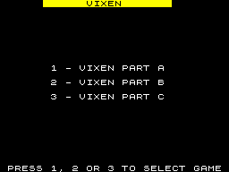 Vixen (ZX Spectrum) screenshot: The game starts by asking which part is to be loaded.