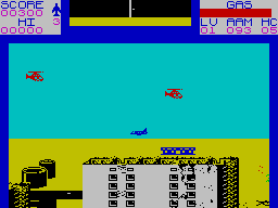 Falcon Patrol II (ZX Spectrum) screenshot: Staying low to avoid these two choppers fire