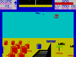 Falcon Patrol II (ZX Spectrum) screenshot: Another chopper down from behind