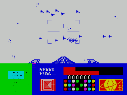 3D Space Wars (ZX Spectrum) screenshot: The screen also flashes white when the spacecraft is hit by enemy fire