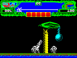 Vixen (ZX Spectrum) screenshot: This is part of a death scene. The two dinosaurs have been killed but one made the slightest contact first and that's fatal.