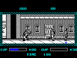 The Ninja Warriors (ZX Spectrum) screenshot: Monster man on the left is serious bad news, he's very hard to stop ....