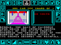 Shard of Inovar (ZX Spectrum) screenshot: The action currently selected appears in the right hand pane. Here it's "Go South" which corresponds to the highlighted icon, the down-arrow at the top of the screen