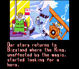 Cacoma Knight in Bizyland (SNES) screenshot: The introduction, a King needs a hero