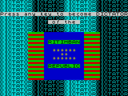 Dictator (ZX Spectrum) screenshot: The start of game screen. The columns of text in the background flash alternately blue/black and black/blue quite disturbingly