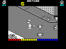 Dynamite Düx (ZX Spectrum) screenshot: The ice cream cone things are water jets and they cause damage. So does the cow that's shooting at Bin. A bomb has been dispatched to deal with it
