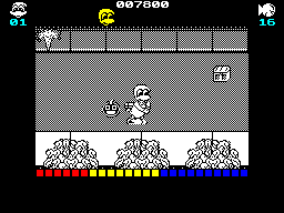 Dynamite Düx (ZX Spectrum) screenshot: The bomb has been swapped for a gun and there's another bonus box ahead
