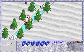 Nicolausi (DOS) screenshot: It's not possible to stop or change directions when moving across icy paths.