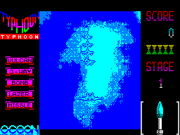 Ajax (ZX Spectrum) screenshot: 128 K version : The first part of level 1 is a series of waves of fighters that appear out of the clouds like this