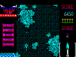 Ajax (ZX Spectrum) screenshot: Level 2 is a top down shooter where the player takes control of a helicopter gunship. The game plays the same on both 48 K & 128 K versions