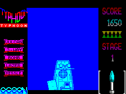 Ajax (ZX Spectrum) screenshot: .... the clouds break and this ship appears. The two round things are the planed bullets that have just been fired