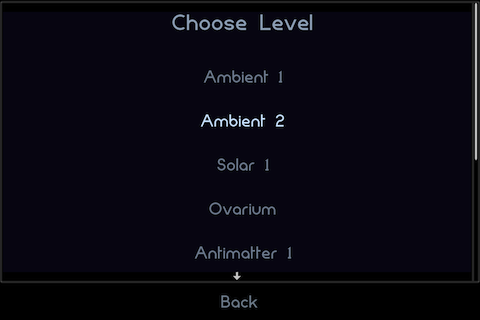Osmos (iPhone) screenshot: You can select any level you wish during the game, as long as it's unlocked.