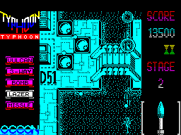 Ajax (ZX Spectrum) screenshot: An energy pod has been collected and this gives the chopper a lazer. Still cannot hit those gun turrets though.