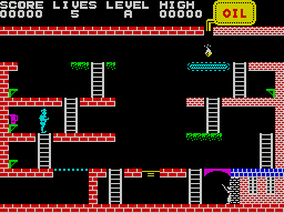 Turmoil (ZX Spectrum) screenshot: The start of the game. Mic must take the oil can, left, to the source of the oil, top right