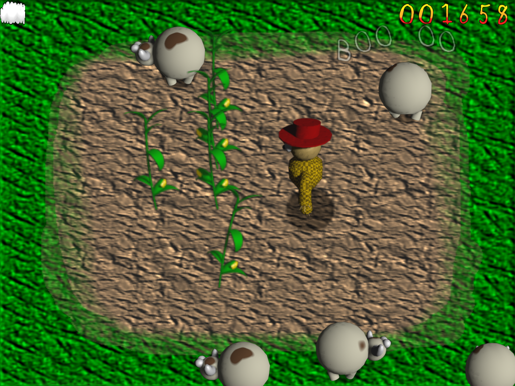 Scarecrow: Heart of Straw (Windows) screenshot: Shouting 'boo' at the cows only makes them change direction.