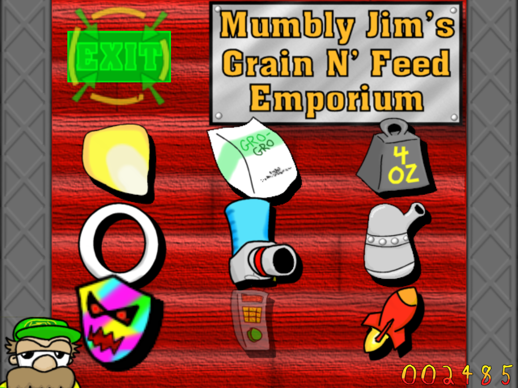 Scarecrow: Heart of Straw (Windows) screenshot: At the end of each day, you can buy upgrades from Mumbly Jim.