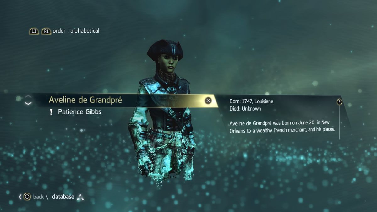 Assassin's Creed IV: Black Flag - Aveline (PlayStation 4) screenshot: Character info, Aveline de Grandpré