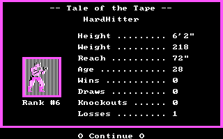 Star Rank Boxing II (DOS) screenshot: Boxer stats (CGA)