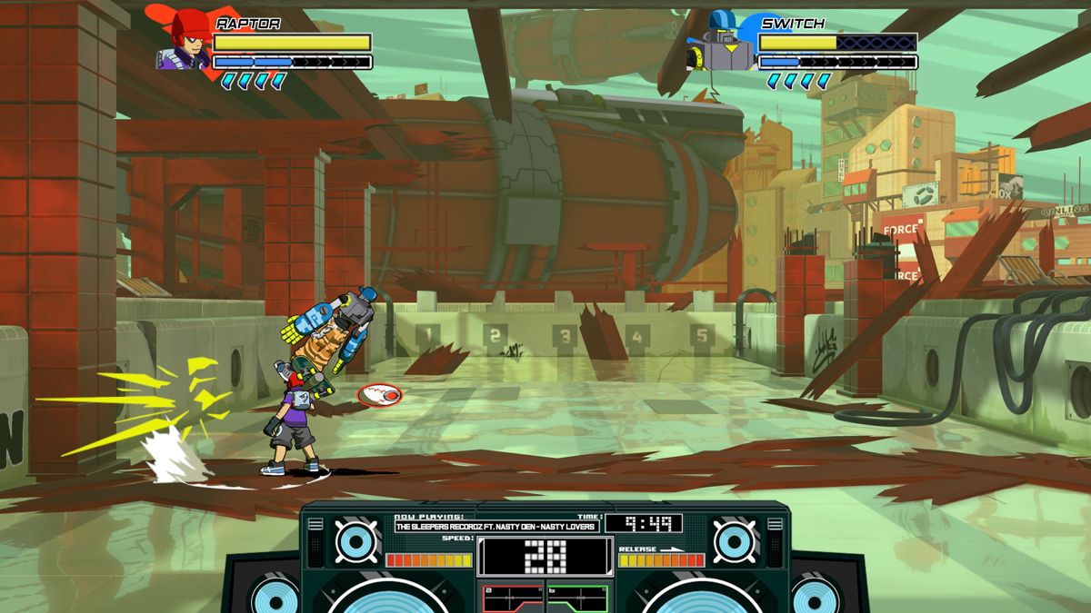 Lethal League: Blaze (Windows) screenshot: A fight in progress: my opponent gets hit by the ball.