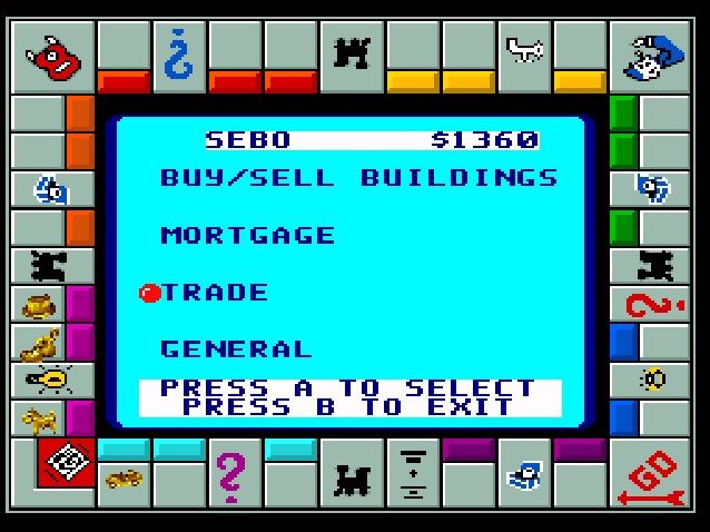 Monopoly (SNES) screenshot: In-Game Menu