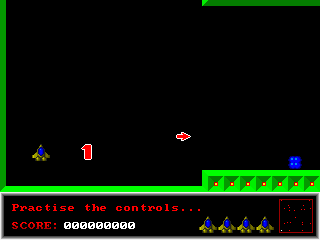 StarMines II: Planet of the Mines (DOS) screenshot: The start of level 1. This is very much a practice level. The radar in the bottom right shows the position of the alien baddies. The walls of the maze do not show up on the radar nor do the crystals