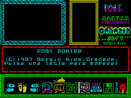 Post Mortem (ZX Spectrum) screenshot: This is the game's main interface screen. In the bottom window is a mouse that's moved left / right by the O & P keys to the appropriate action, SPACE then selects
