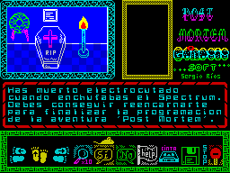 Post Mortem (ZX Spectrum) screenshot: You died, electrocuted when you plugged in the Spectrum. You get reincarnated to finish the programming of the adventure 'Post Mortem'.