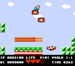 Bio Miracle Bokutte Upa (NES) screenshot: Riding an inflated enemy