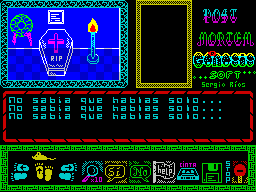 Post Mortem (ZX Spectrum) screenshot: "Your mission begins now. Your soul floats vaguely in the ether. Inert, you see your body. You can only go up." So the mouse moves to the upward pointing feet and ...