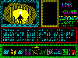 Post Mortem (ZX Spectrum) screenshot: "You are in a tunnel without end, with a strong glow at the bottom. Notes guide someone mentally. You can go to the bottom, left or right."