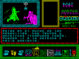 Post Mortem (ZX Spectrum) screenshot: Next screen. You are in the world of nightmares: there are fauns and monsters. You can go right or forward