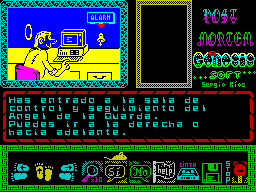 Post Mortem (ZX Spectrum) screenshot: You have entered the control and monitoring room of the Guardian Angels. You can go right or forward
