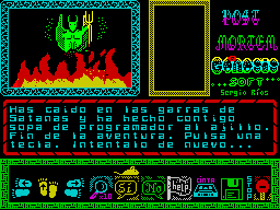 Post Mortem (ZX Spectrum) screenshot: You have fallen into the clutches of Satan and he has eaten you as programmer soup with garlic. End of the Game. Keystroke. Try again ...