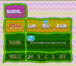 Tetris 2 (SNES) screenshot: Customize your options for the Normal Mode: speed, round... and the B music.