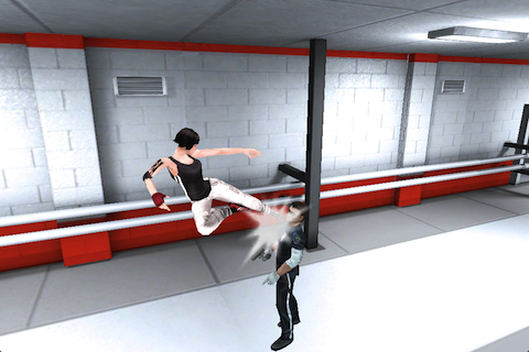 Mirror's Edge (iPhone) screenshot: A swift kick to the head should do the trick.