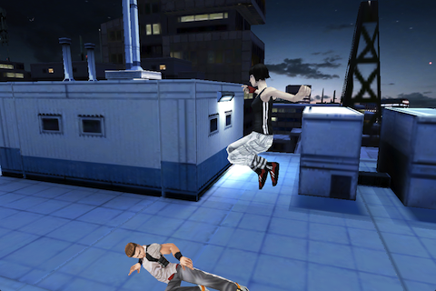 Mirror's Edge (iPhone) screenshot: This rooftop ain't big enough for the both of us.