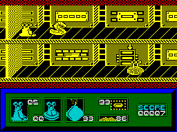 I-Alien (ZX Spectrum) screenshot: The yellowy grey swan like thing is an ice-dragon. If Alien's energy is low contact with it will temporarily freeze him to the spot