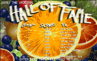 Fruit Salad (DOS) screenshot: The Hi Score table. Odd because the highest score is number 10, not number 1 as in most games. MOBY is in at number 3 having completed just 1 and a bit levels.