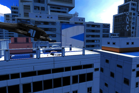 Mirror's Edge (iPhone) screenshot: Angry copter not like silly runner. Copter smash!