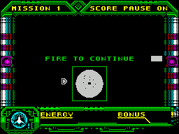 Galaxy Force II (ZX Spectrum) screenshot: Its not much but this is the start of level 1. The player has to penetrate the enemy base and the dot in the middle is the entrance