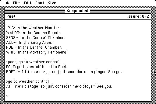 Suspended (Macintosh) screenshot: Sending POET to weather control