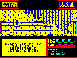 Streaker (ZX Spectrum) screenshot: As expected, people won't let you in without clothes.