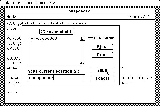 Suspended (Macintosh) screenshot: Game save