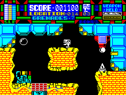 Scumball (ZX Spectrum) screenshot: To the right there's an 'L' object to be collected, cunningly placed under a red thing that kills. Collecting it topped up the yellow energy column but decreased the blue